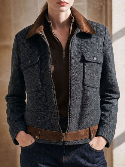 Casual Retro Suede Patchwork Dark Gray Herringbone Zip-up Jacket
