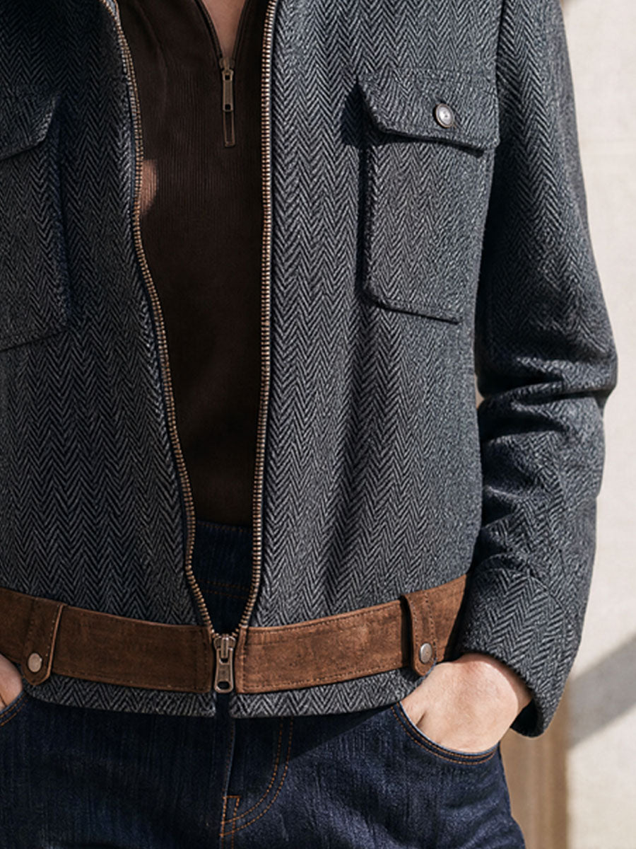 Casual Retro Suede Patchwork Dark Gray Herringbone Zip-up Jacket