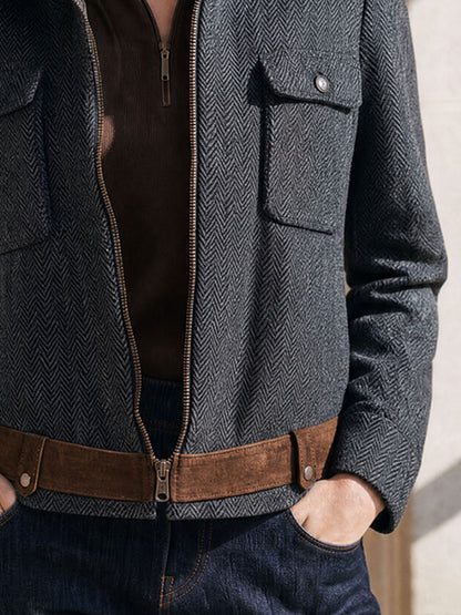 Casual Retro Suede Patchwork Dark Gray Herringbone Zip-up Jacket