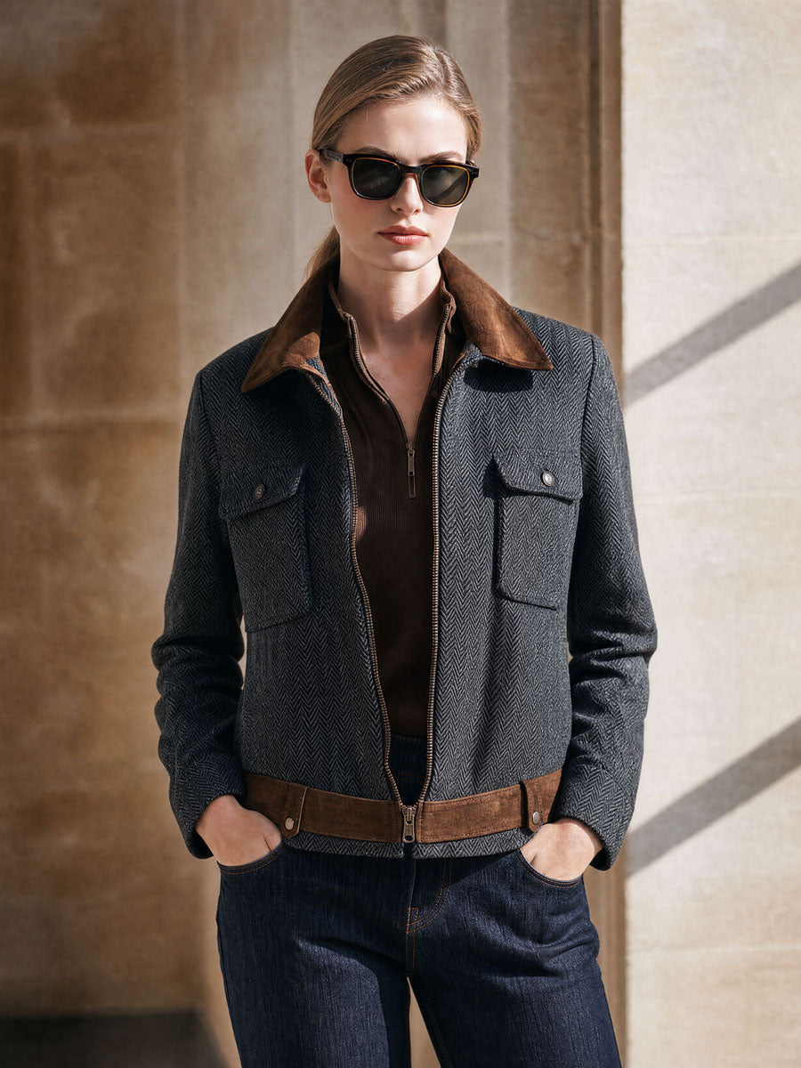 Casual Retro Suede Patchwork Dark Gray Herringbone Zip-up Jacket