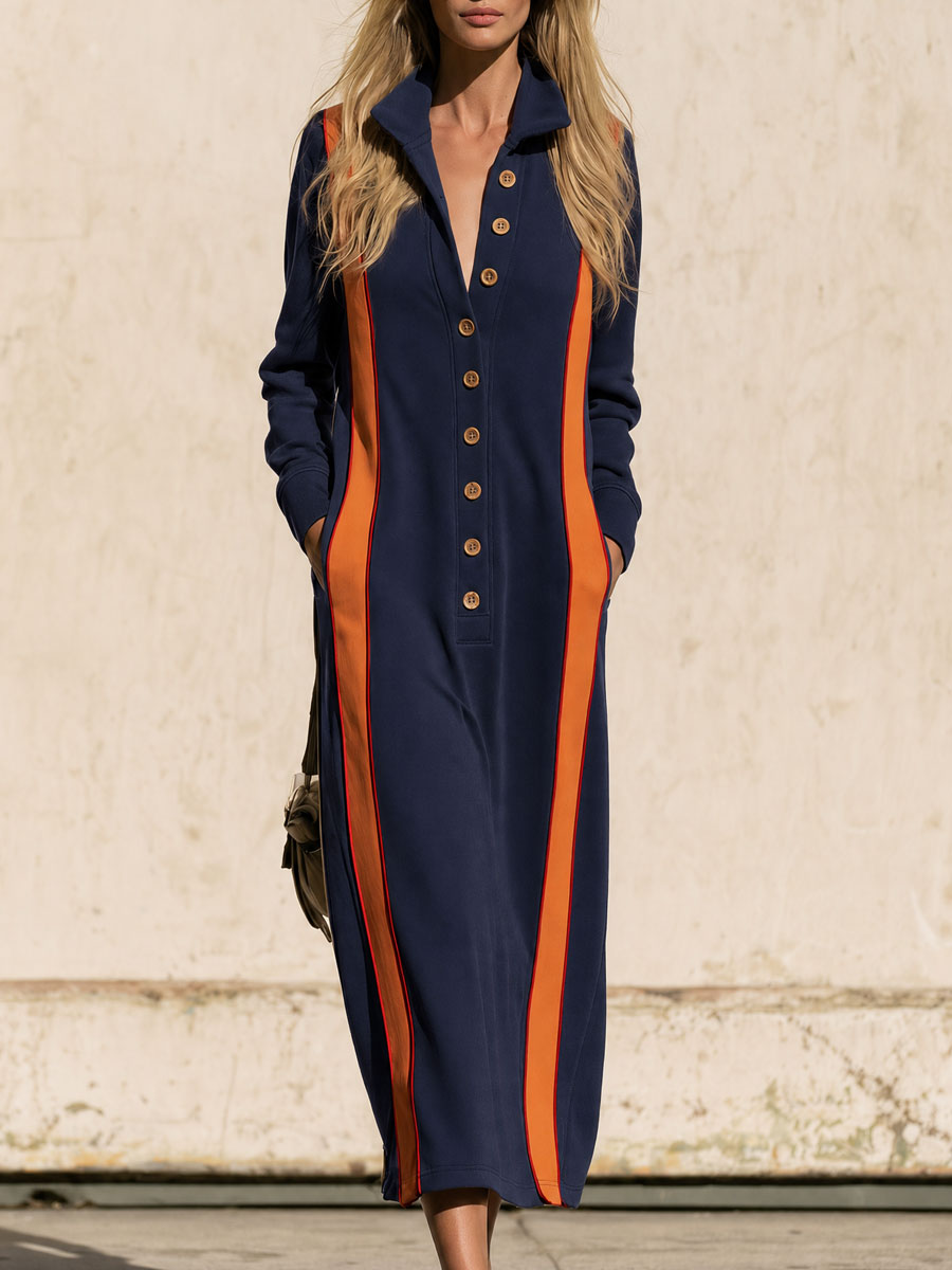 Casual Retro Blue Color-blocked Long-sleeved Stand-collar Cotton Midi Dress