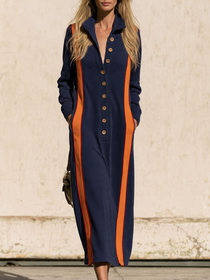 Casual Retro Blue Color-blocked Long-sleeved Stand-collar Cotton Midi Dress