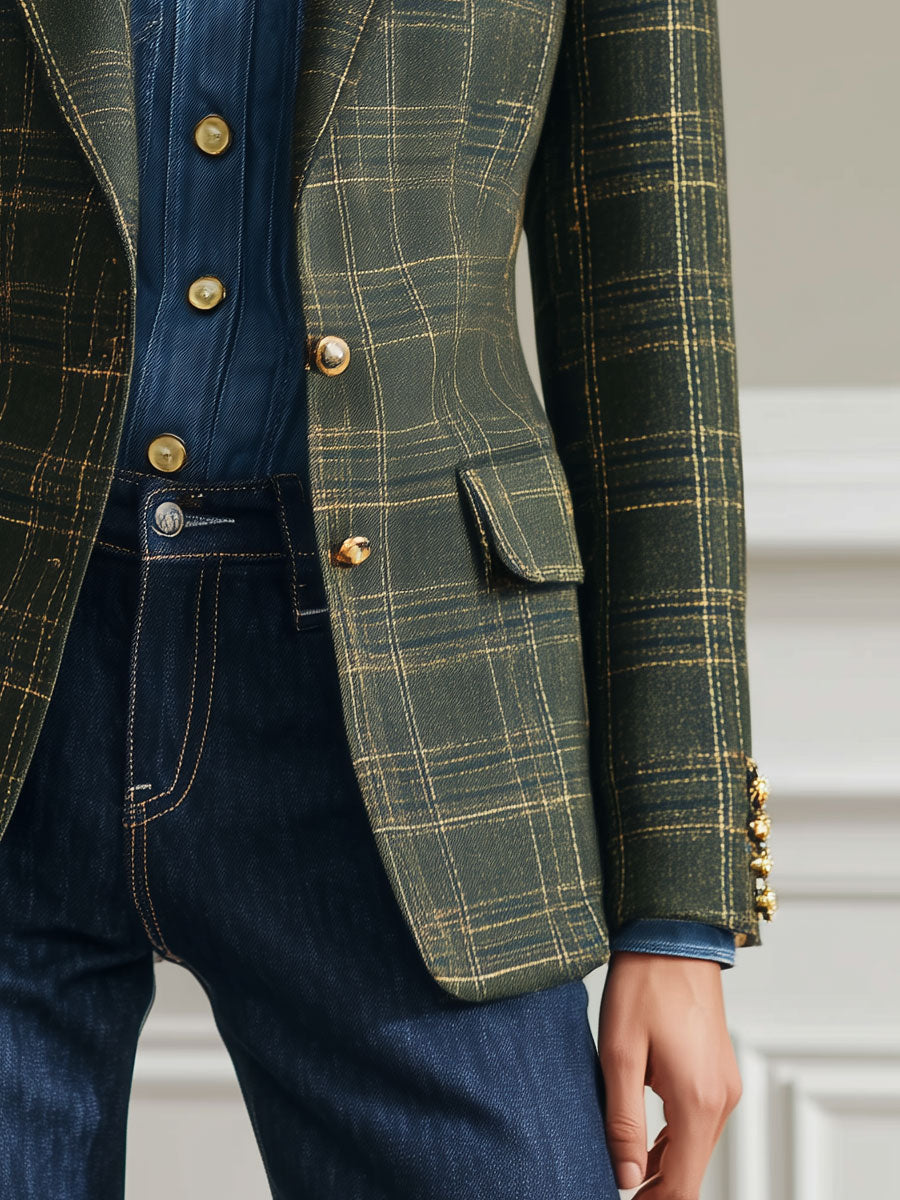 Simple Retro Dark Green Plaid Blazer