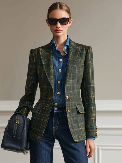 Simple Retro Dark Green Plaid Blazer