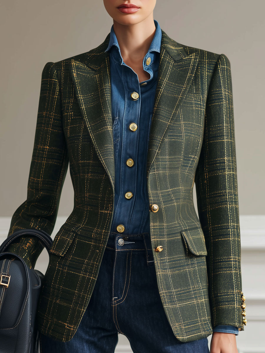 Simple Retro Dark Green Plaid Blazer