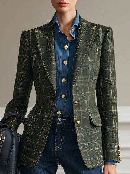 Simple Retro Dark Green Plaid Blazer
