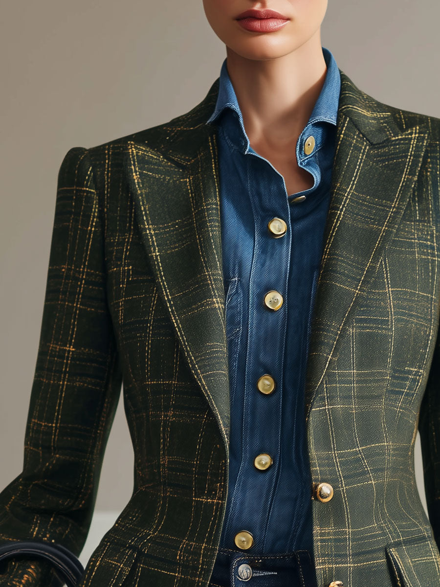 Simple Retro Dark Green Plaid Blazer