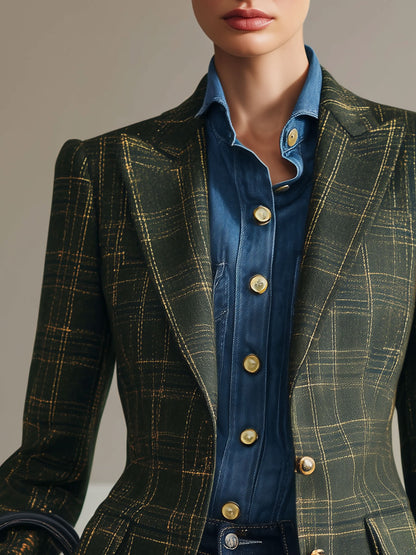 Simple Retro Dark Green Plaid Blazer
