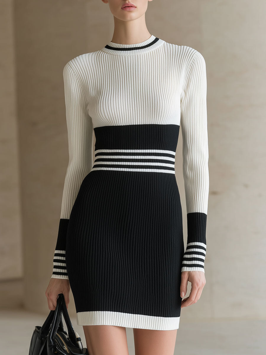 Stylish And Elegant Black And White Striped Knit Long-sleeved Mini Dress