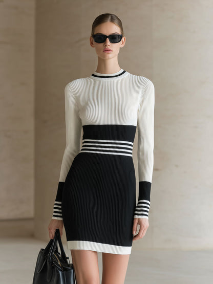 Stylish And Elegant Black And White Striped Knit Long-sleeved Mini Dress