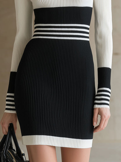Stylish And Elegant Black And White Striped Knit Long-sleeved Mini Dress