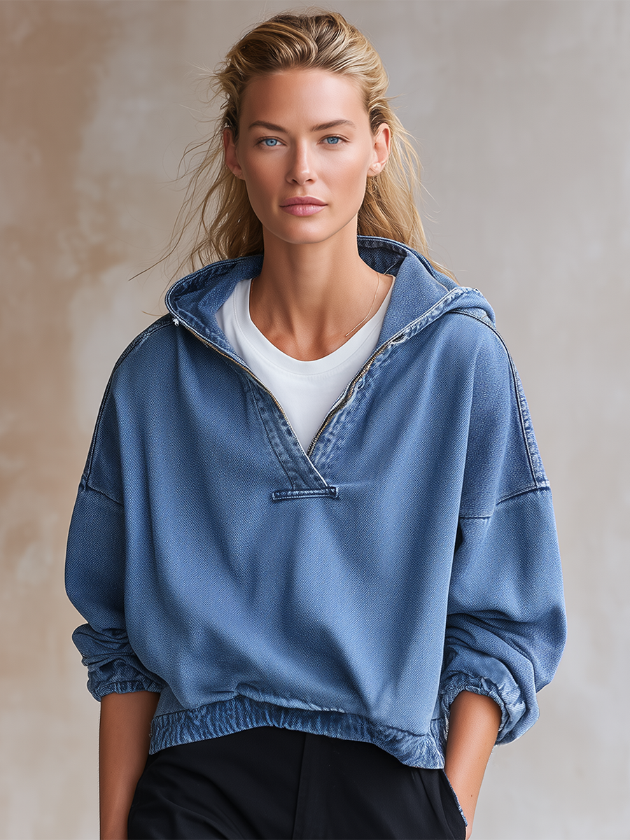American Hooded Half-zip Loose-fit Cropped Denim Sweatshirt