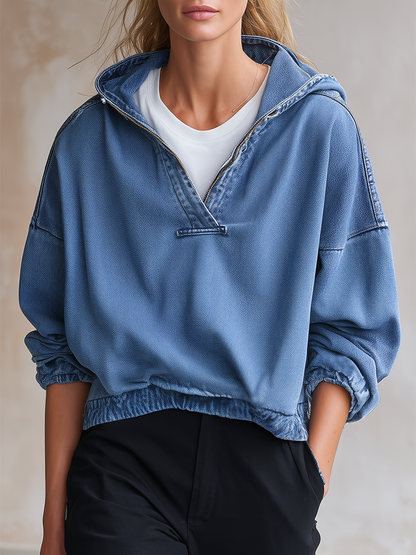 American Hooded Half-zip Loose-fit Cropped Denim Sweatshirt
