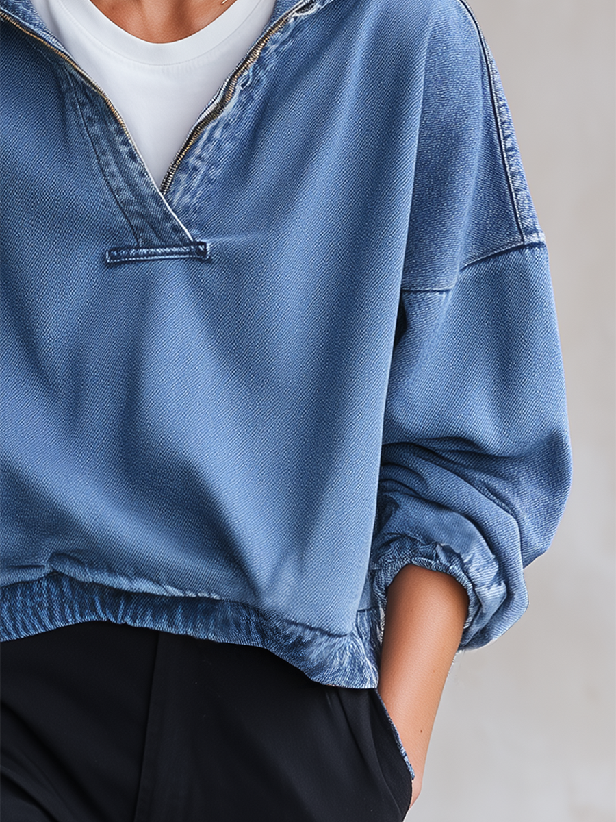 American Hooded Half-zip Loose-fit Cropped Denim Sweatshirt