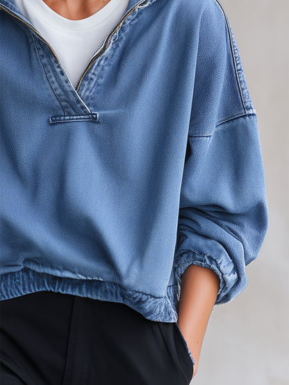 American Hooded Half-zip Loose-fit Cropped Denim Sweatshirt