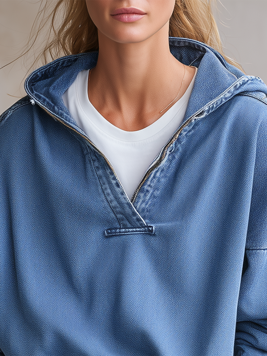 American Hooded Half-zip Loose-fit Cropped Denim Sweatshirt