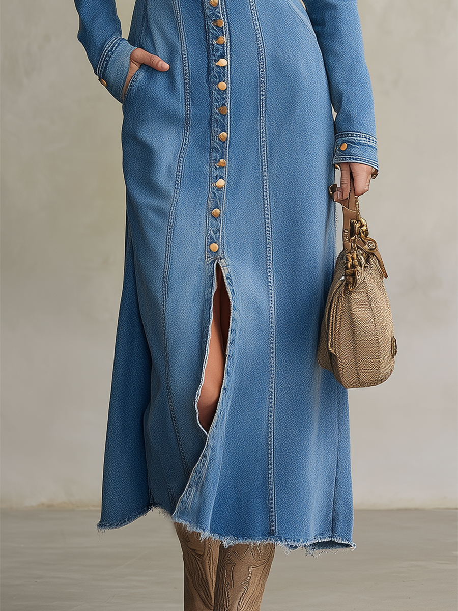 Western Faux-two-piece Hooded Button-placket Slit Denim Dress