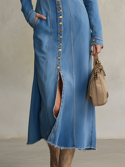 Western Faux-two-piece Hooded Button-placket Slit Denim Dress