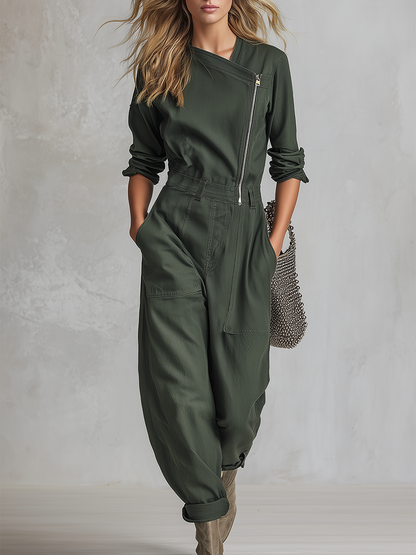 American Asymmetric Zip-front Cinched-waist Denim Jumpsuit