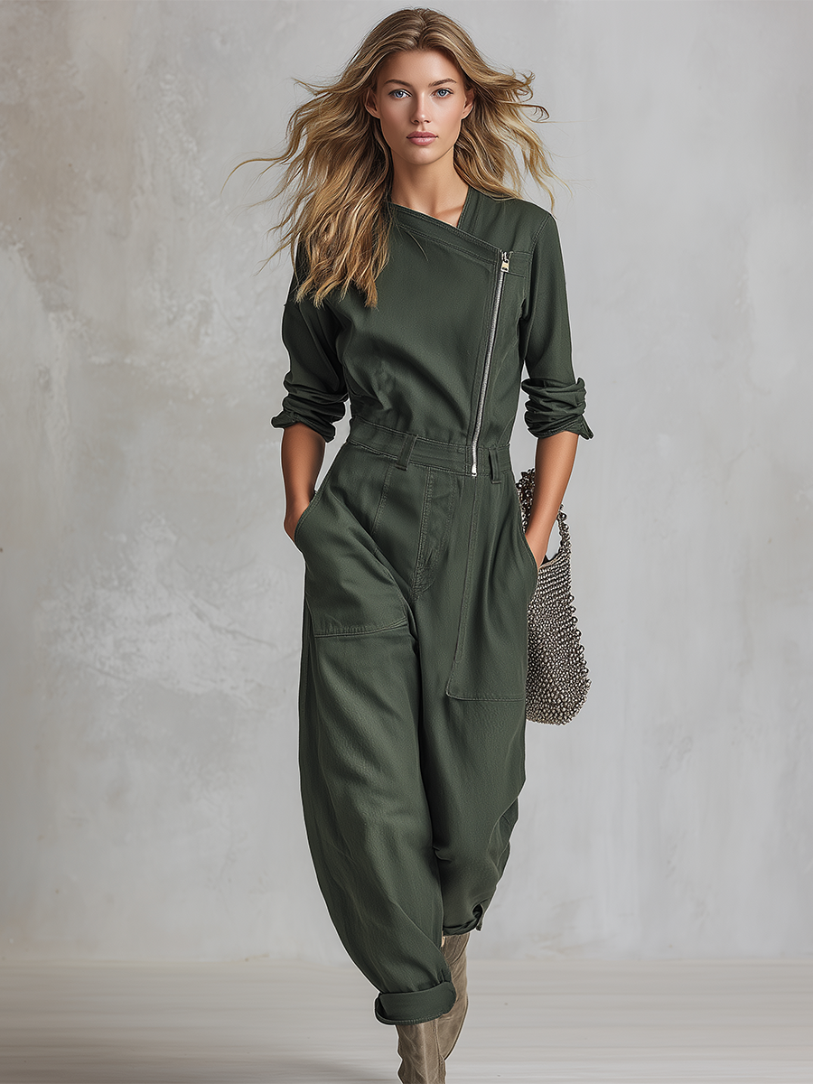 American Asymmetric Zip-front Cinched-waist Denim Jumpsuit