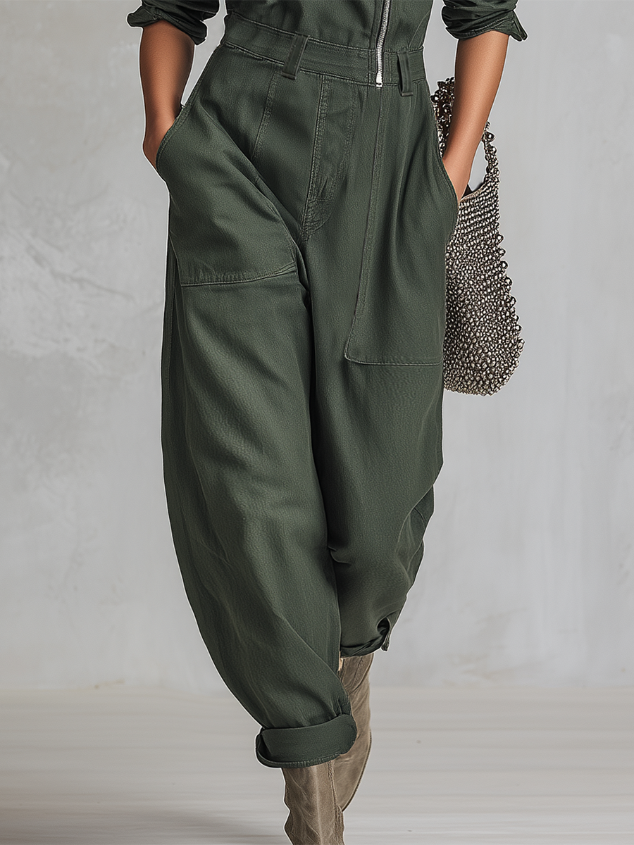 American Asymmetric Zip-front Cinched-waist Denim Jumpsuit