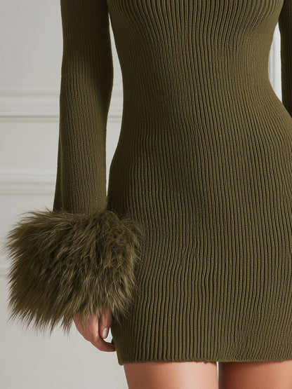 Stylish And Elegant Frayed Square Neck Olive Green Knitted Long-sleeved Mini Dress