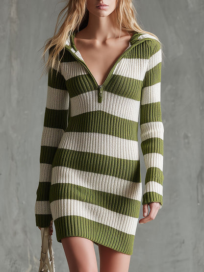 Retro Casual Olive Green And White Striped Hooded Knit Mini Dress