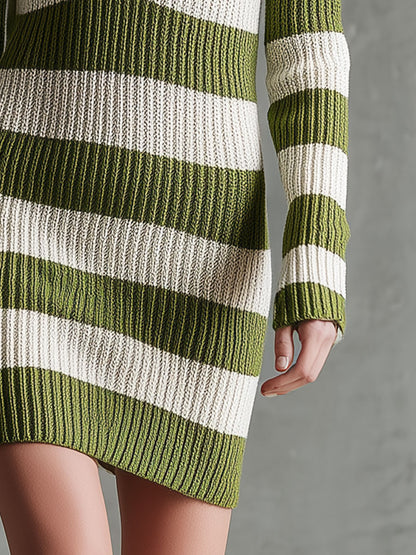 Retro Casual Olive Green And White Striped Hooded Knit Mini Dress