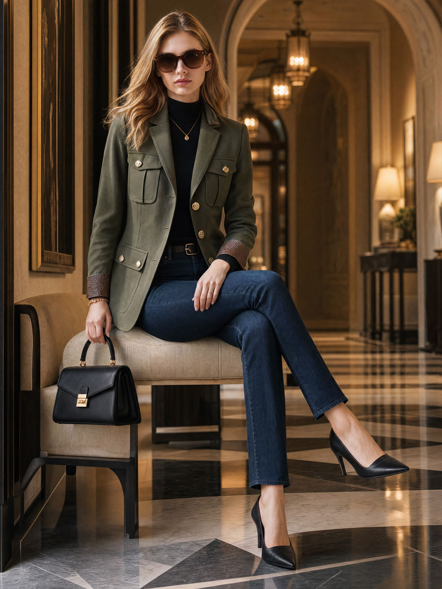 Casual Retro Snakeskin Sleeve Multi-pocket Olive Green Blazer