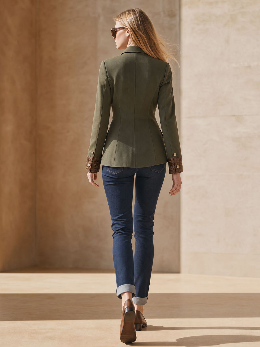Casual Retro Snakeskin Sleeve Multi-pocket Olive Green Blazer