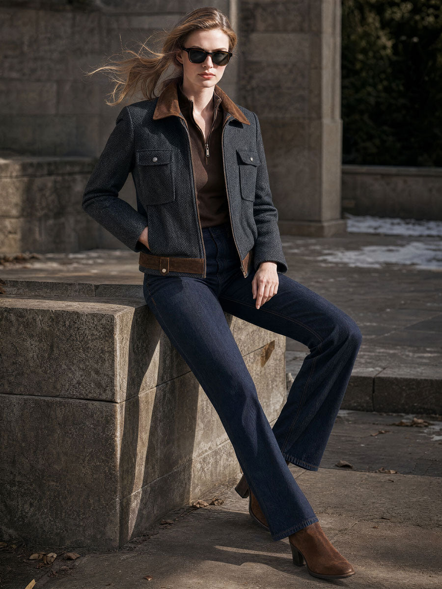 Casual Retro Suede Patchwork Dark Gray Herringbone Zip-up Jacket