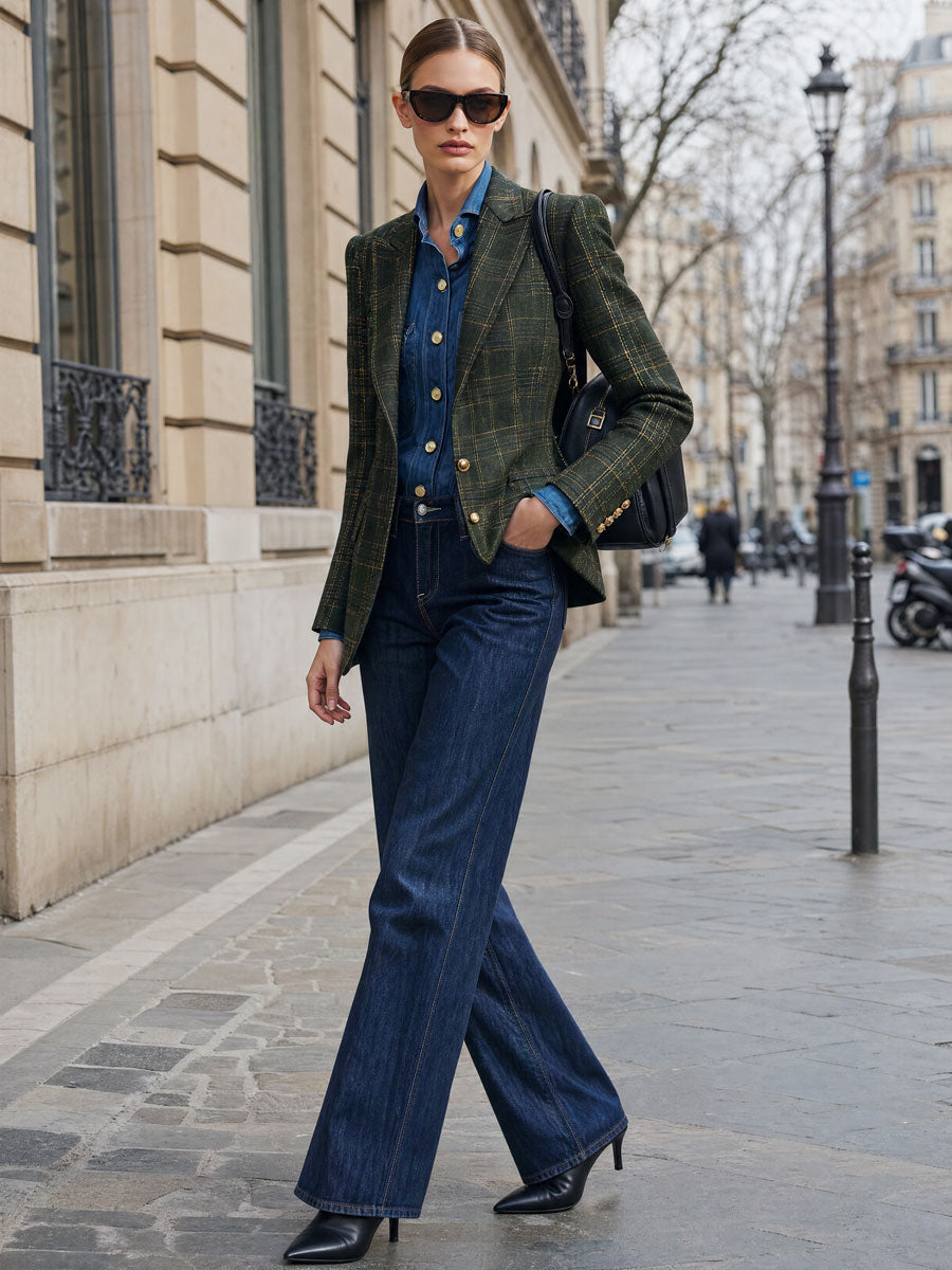 Simple Retro Dark Green Plaid Blazer