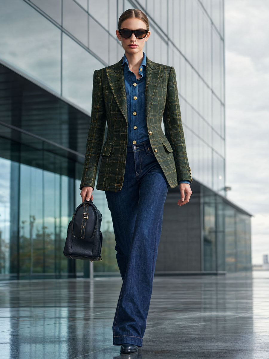 Simple Retro Dark Green Plaid Blazer