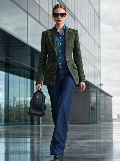 Simple Retro Dark Green Plaid Blazer