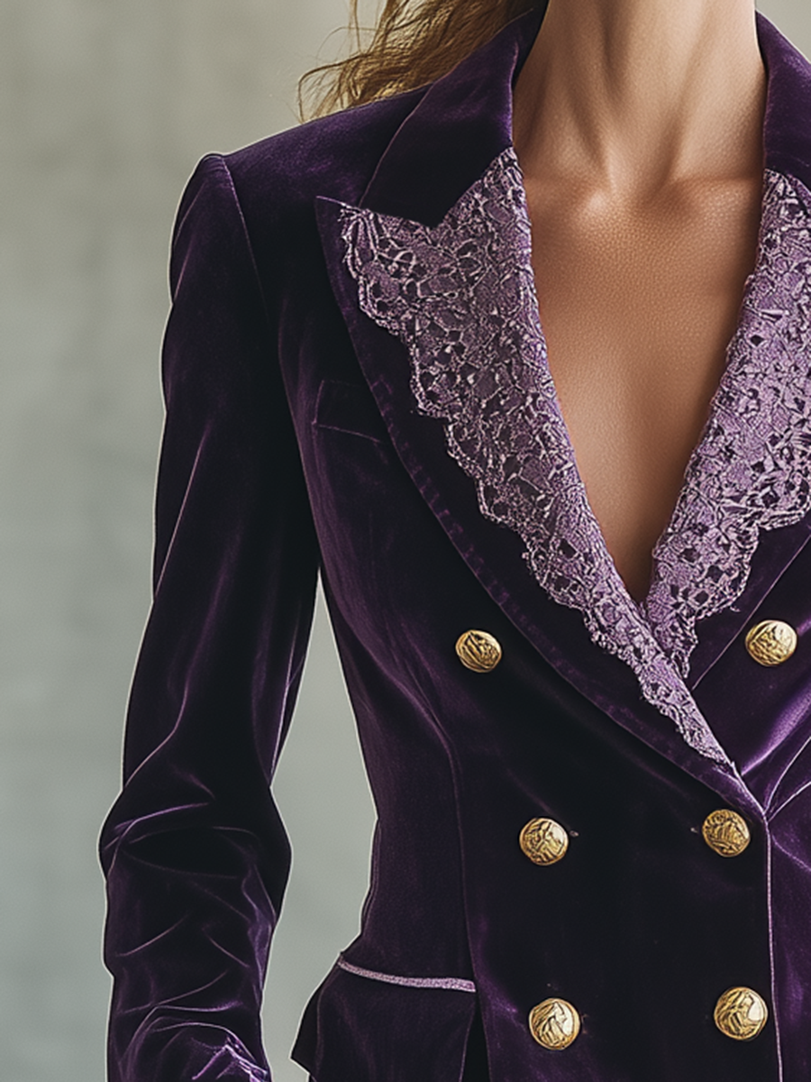 Retro-chic Purple Velvet And Lace Patchwork Top