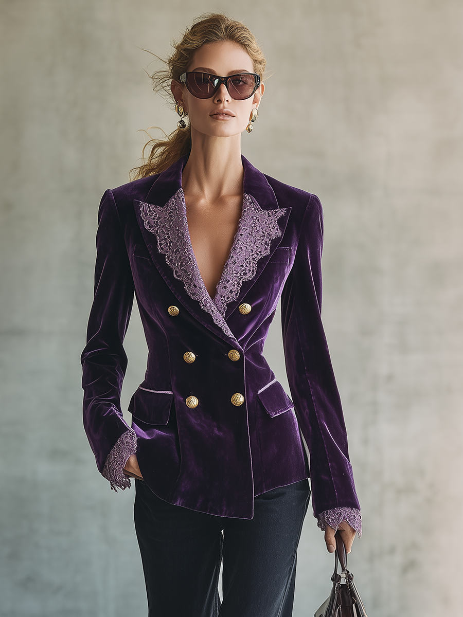 Retro-chic Purple Velvet And Lace Patchwork Top