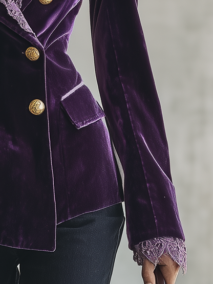 Retro-chic Purple Velvet And Lace Patchwork Top