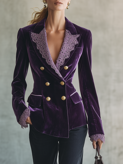 Retro-chic Purple Velvet And Lace Patchwork Top