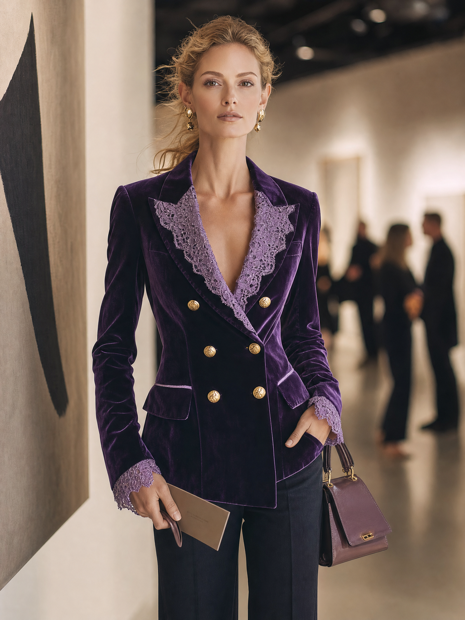 Retro-chic Purple Velvet And Lace Patchwork Top