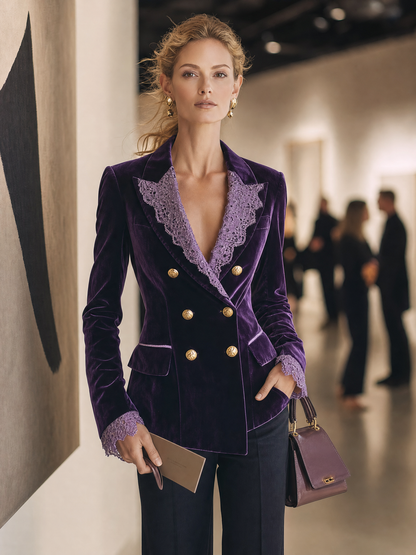 Retro-chic Purple Velvet And Lace Patchwork Top