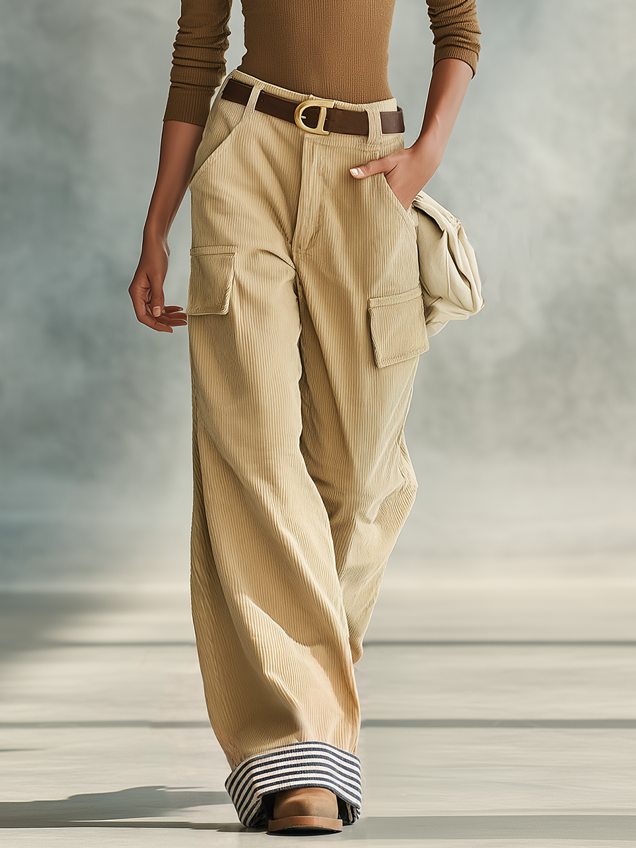 Retro-casual Elegant Corduroy-paneled Striped Trousers With Cuffed Hems