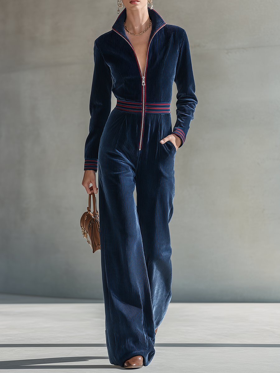 Vintage-style Casual Elegant Blue Corduroy Jumpsuit With A Stand Collar