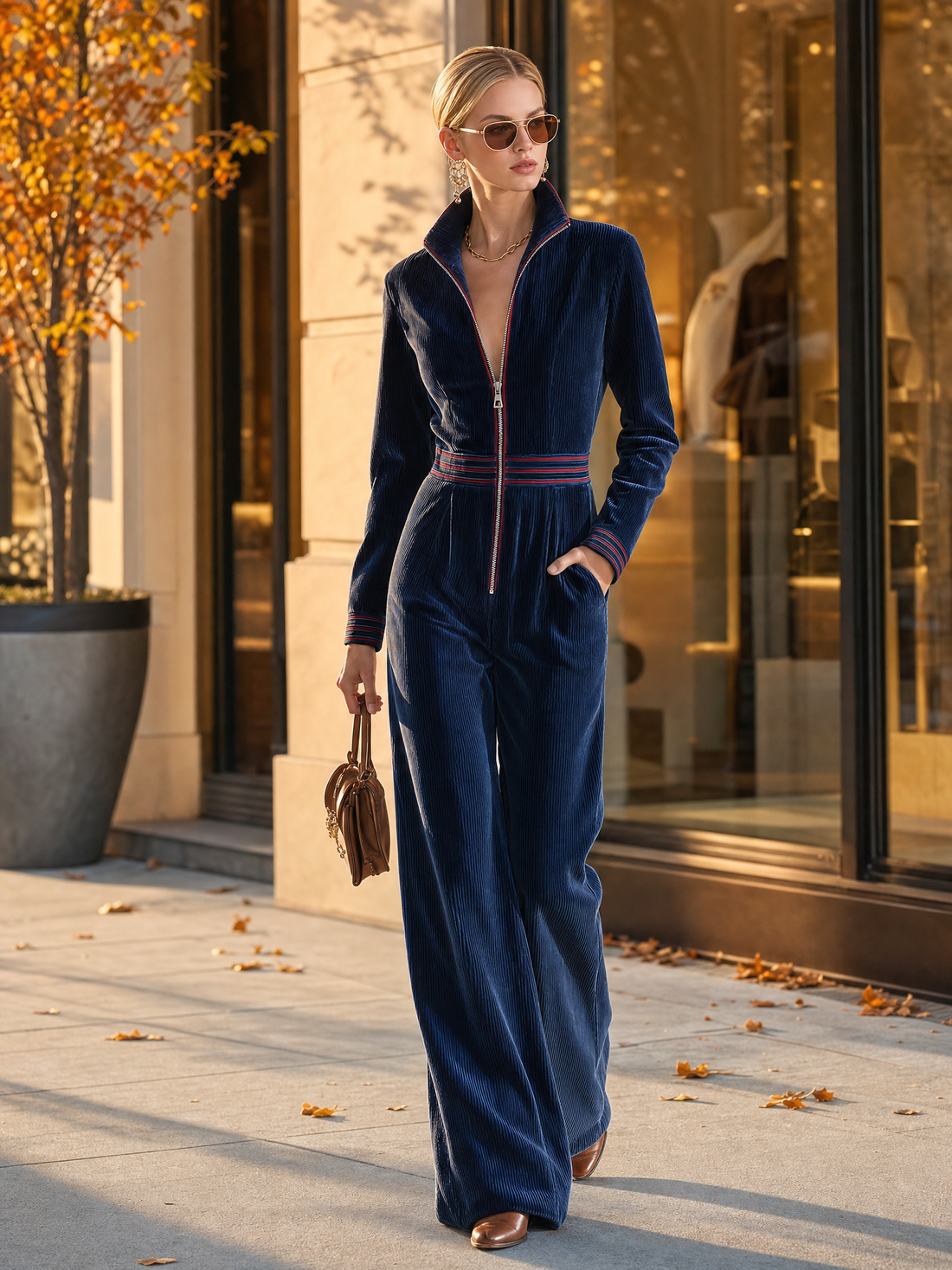Vintage-style Casual Elegant Blue Corduroy Jumpsuit With A Stand Collar