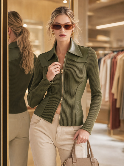 Retro-casual Elegant Knit Top With Green PU Leather Paneling