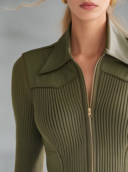 Retro-casual Elegant Knit Top With Green PU Leather Paneling