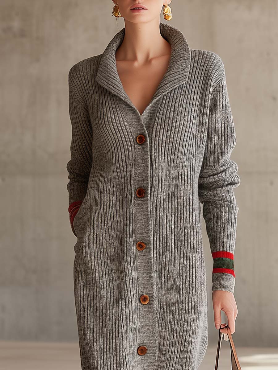 Grey Chunky Ribbed Collared Button-Front Varsity-Stripe Oversized Maxi Duster Cardigan Women