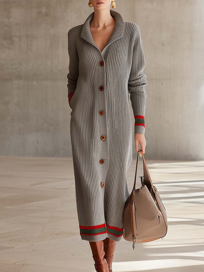 Grey Chunky Ribbed Collared Button-Front Varsity-Stripe Oversized Maxi Duster Cardigan Women
