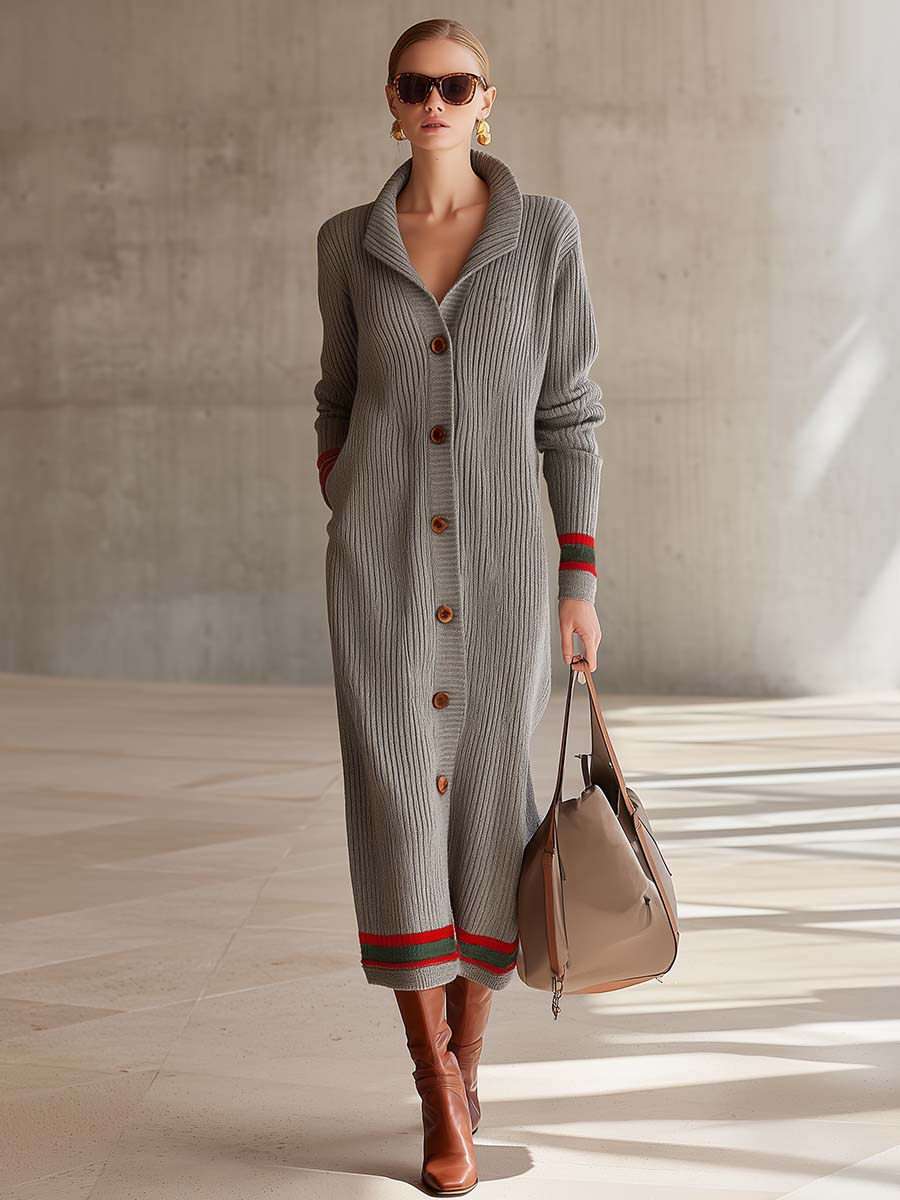 Grey Chunky Ribbed Collared Button-Front Varsity-Stripe Oversized Maxi Duster Cardigan Women