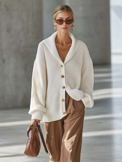 Ivory Chunky Ribbed Shawl-Collar Button-Front Oversized Cozy Knit Cardigan Women