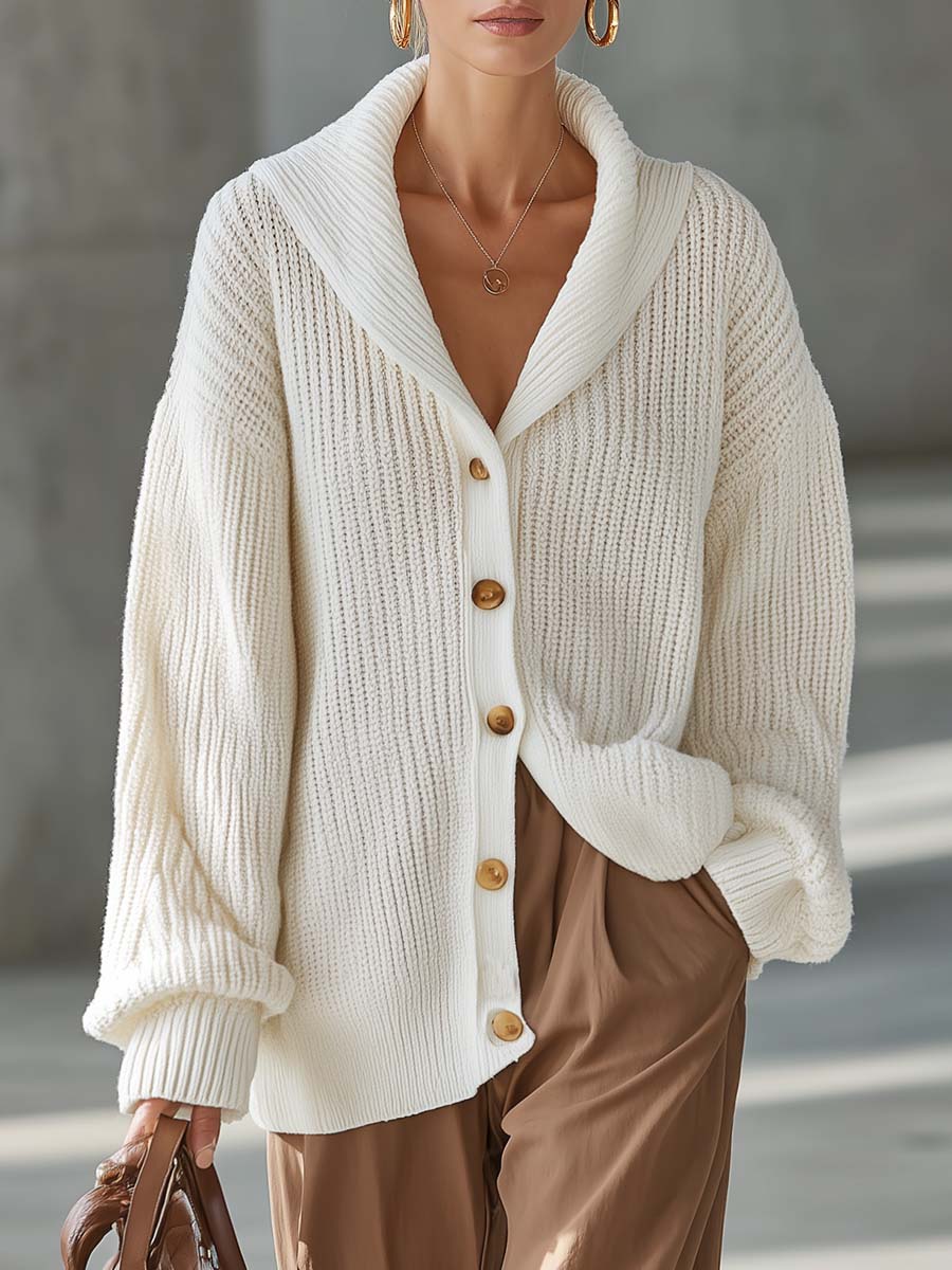 Ivory Chunky Ribbed Shawl-Collar Button-Front Oversized Cozy Knit Cardigan Women